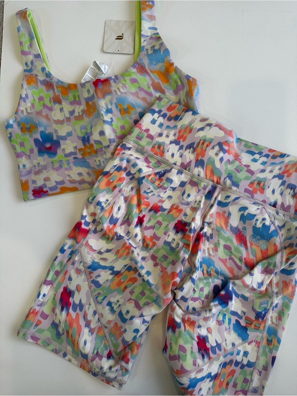 Fabletics Colorful Abstract Print Active Set - Sports Bra & Biker Shorts